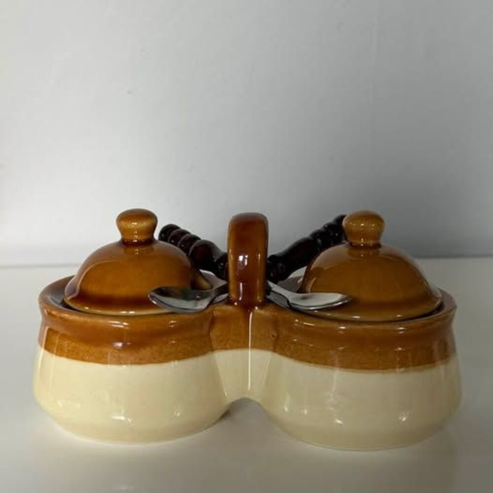 Vintage 70s Double Condiment Pot with Spoons